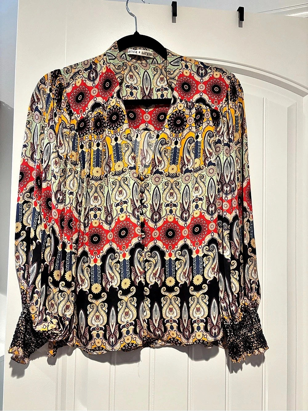 Alice + Olivia Ilan Smocked-Sleeve Blouse Paisley Blouse in Multicolor & Red